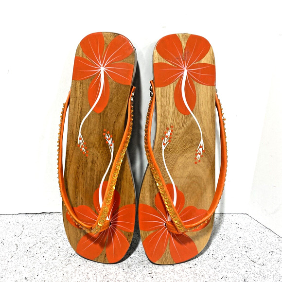 Zodax Plumeria Wooden Sole Thongs Sandals orange white clear sequins US size 8-9 - Picture 3 of 6